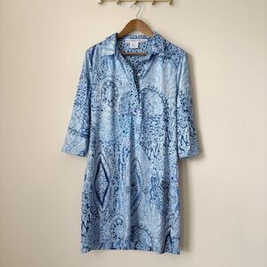 Gretchen Scott Jersey Everywhere Dress Large Blue Geometric Print